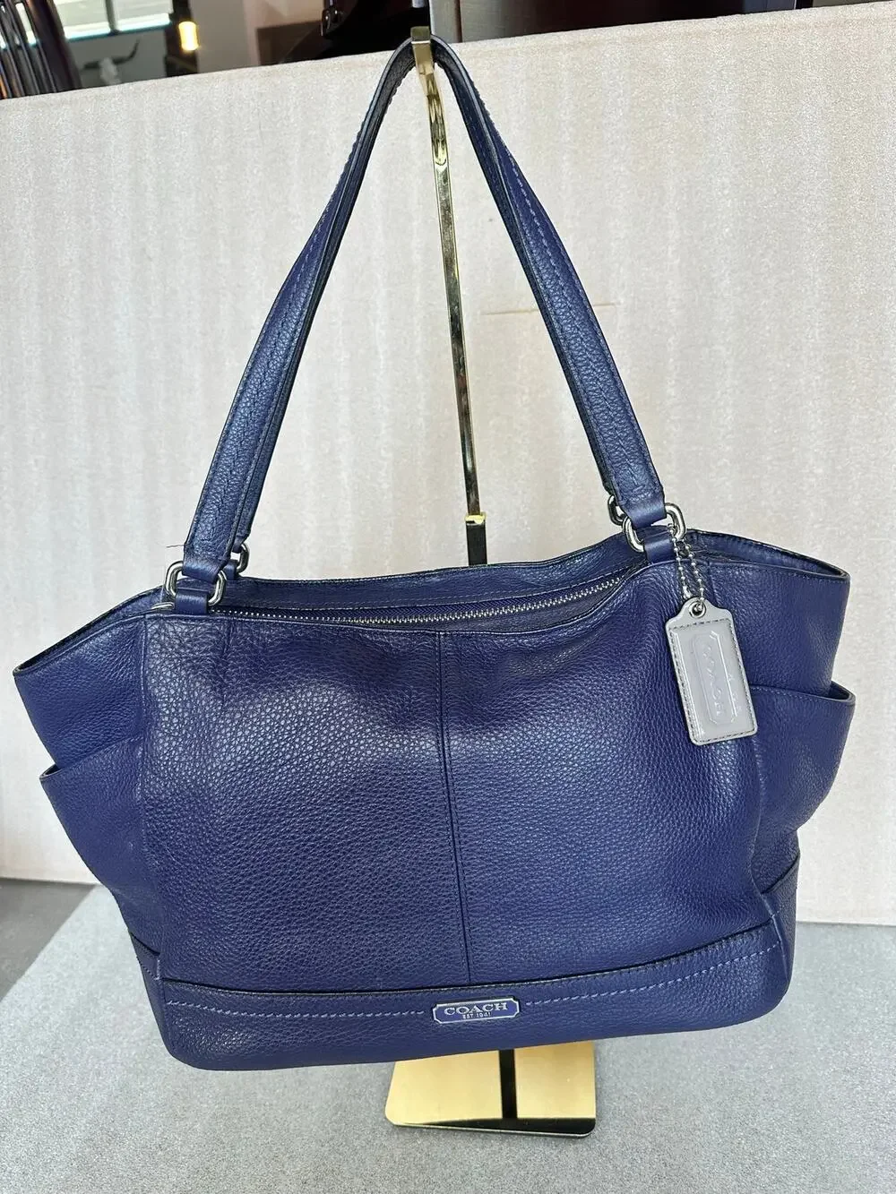 Coach Park Carrie Tote F23284 Denim Blue Pebbled Leather Silver Hardware